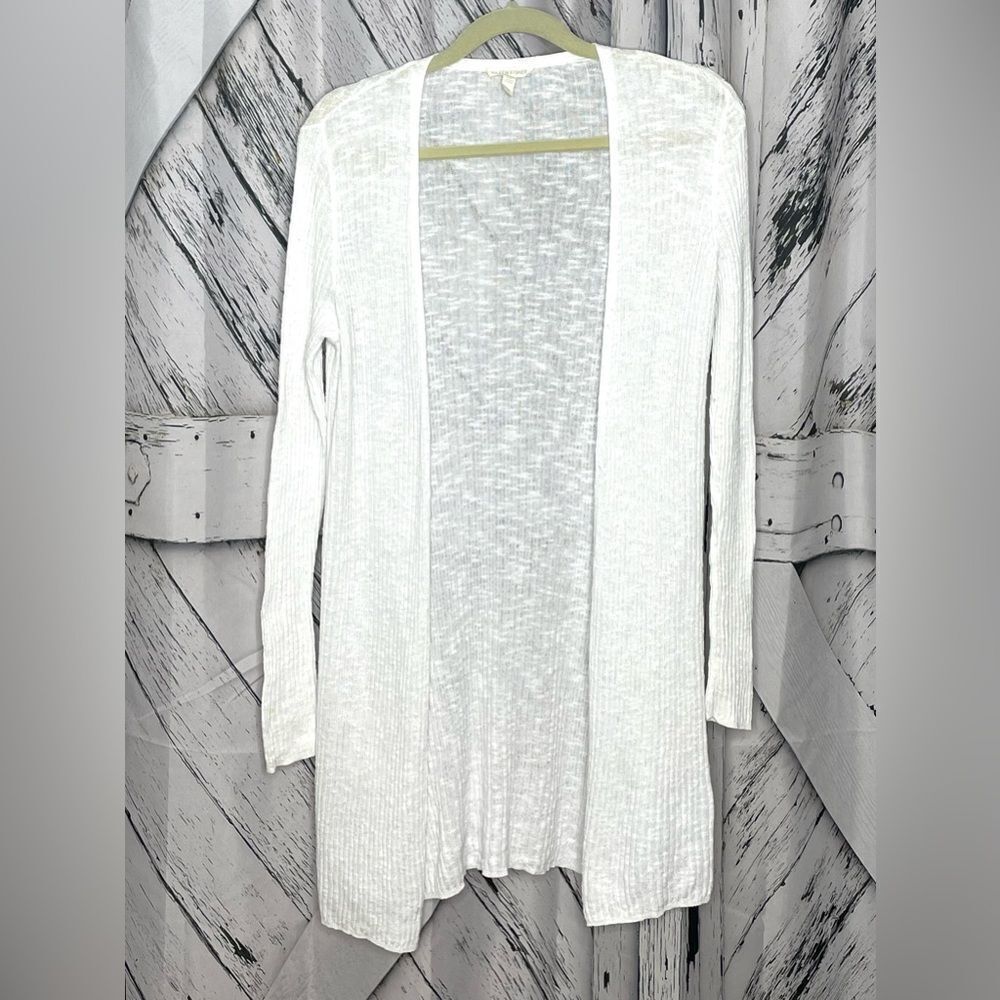 Eileen Fisher Ribbed Button Down Long Duster Cardigan Beige Sz XL organic Linen